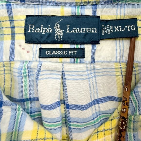 Ralph Lauren Shirt Men XL Yellow Blue Plaid Cotton Preppy Button Up Short Sleeve - Picture 2 of 8